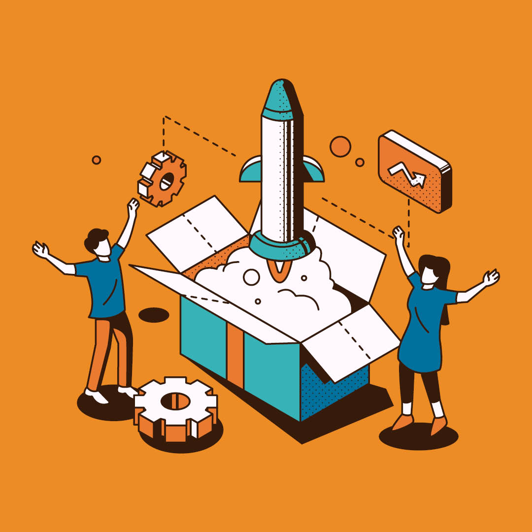 Illustration of two people launching a rocket from an open box, surrounded by gears and charts on an orange background