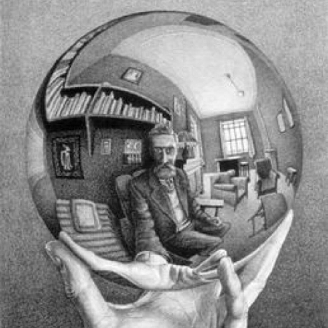 Mano con sfera riflettente_Escher