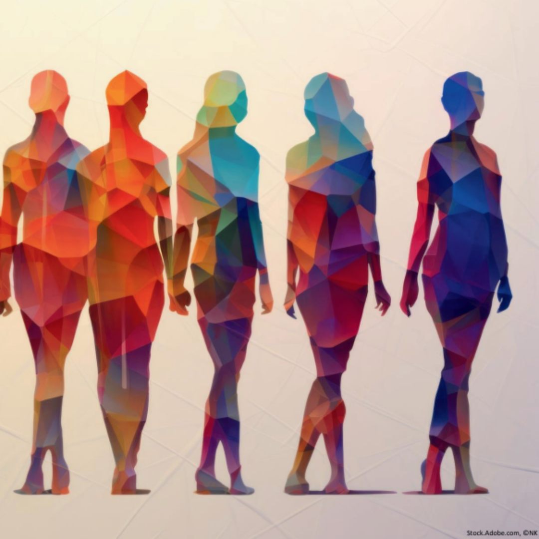 The image shows five abstract human silhouettes standing in a row, each composed of colorful, geometric shapes and patterns. The figures are depicted in a gradient of vibrant colors, creating a visually striking and artistic effect.