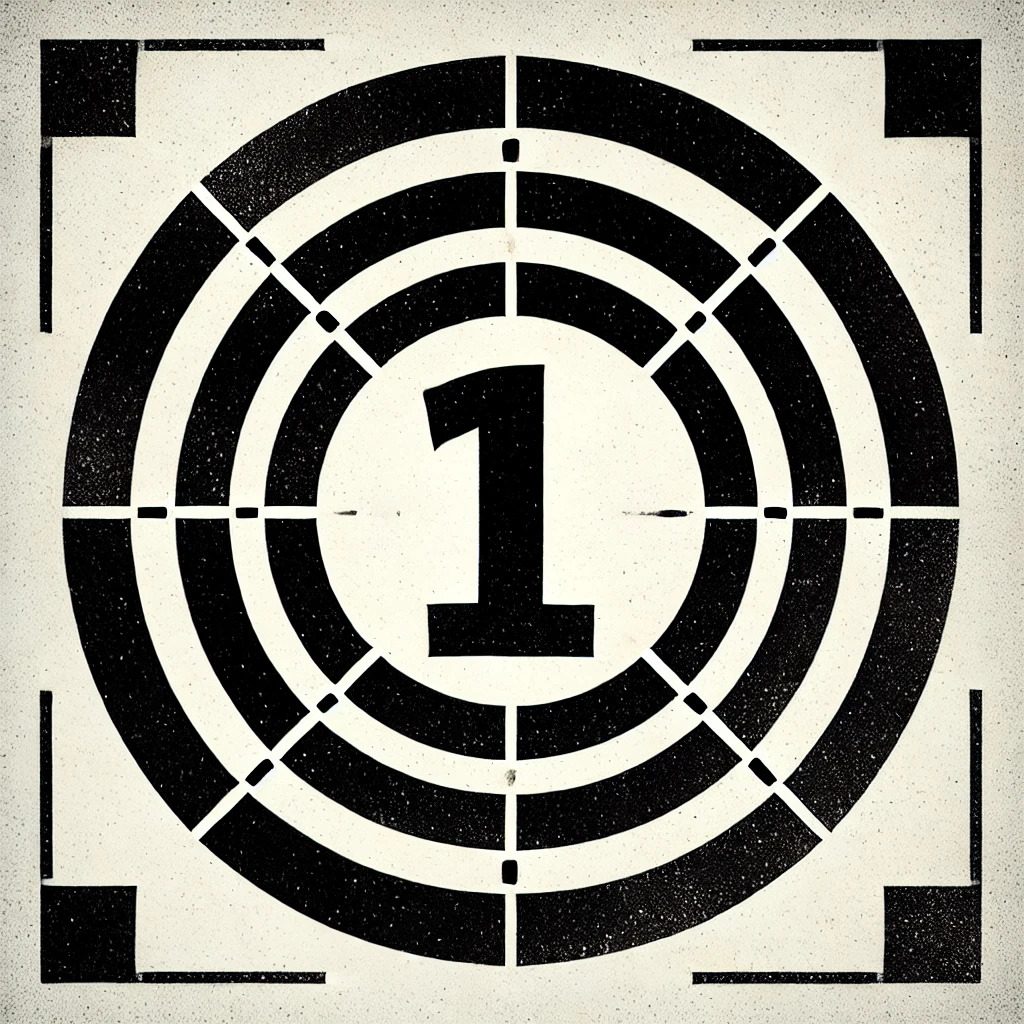 A black and white minimalistic film countdown design. The image should feature a large bold number 1 at the center, surrounded by concentric circles