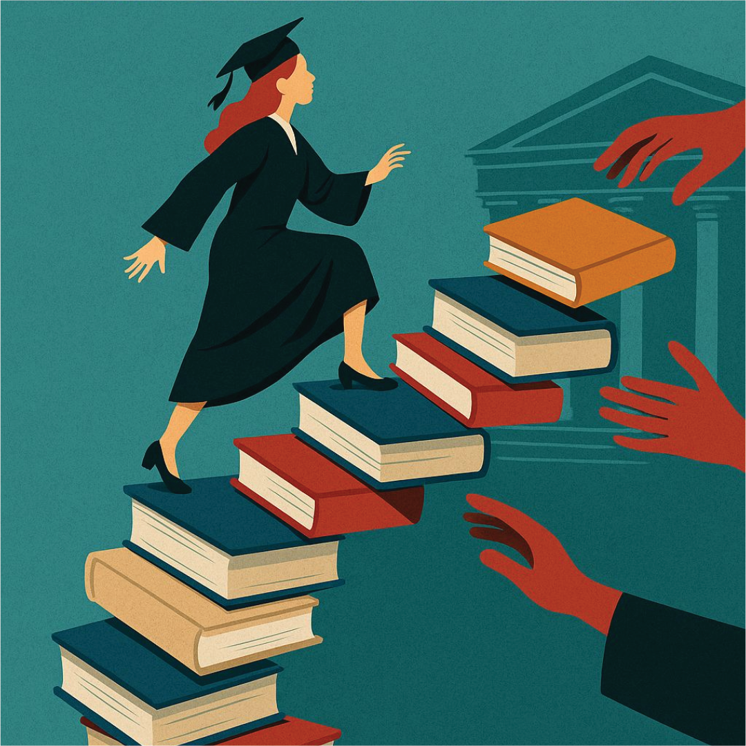 Una figura femminile in toga e tocco da laureato sale una scalinata fatta di libri, mentre delle mani si allungano verso di lei