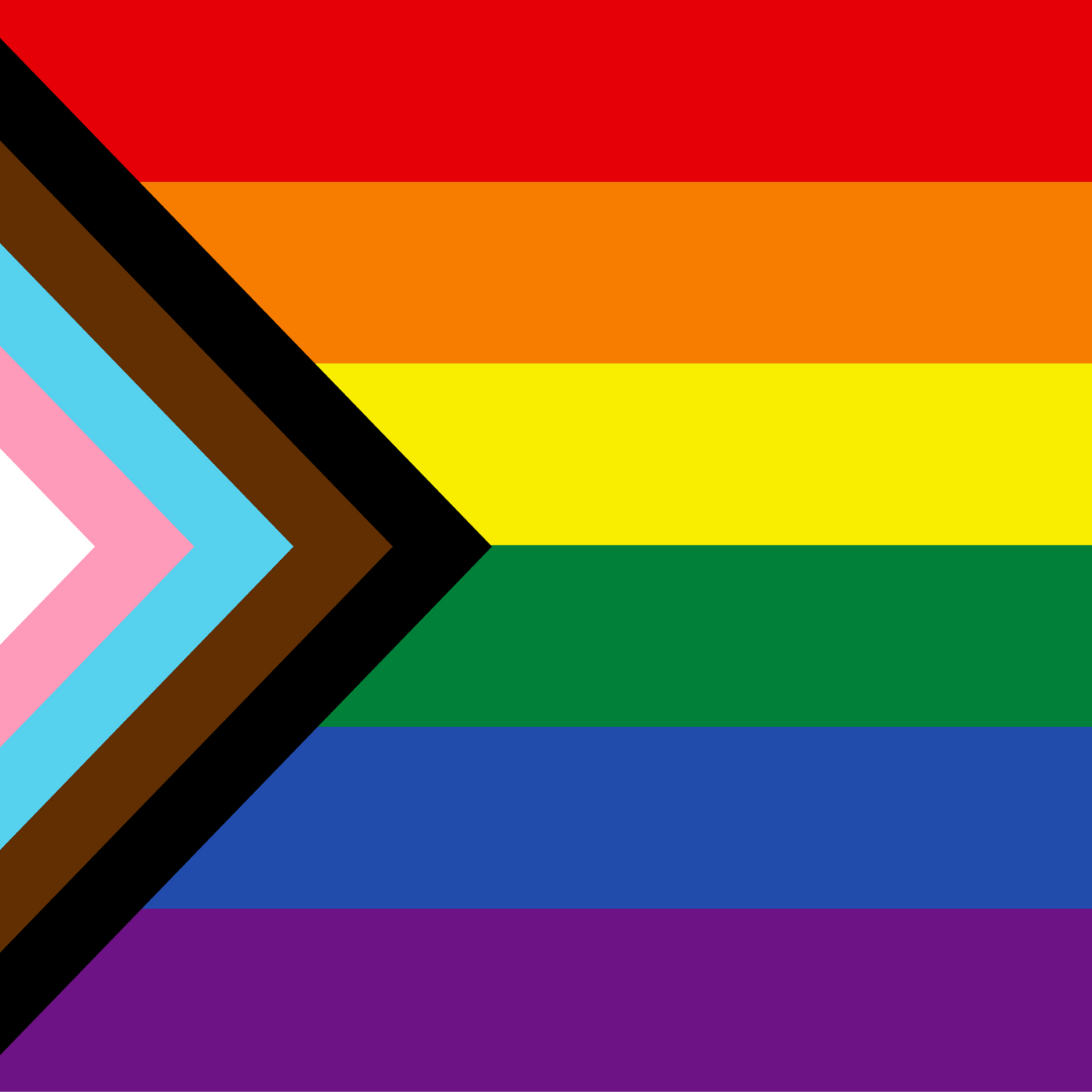 L'immagine mostra la Progress Pride Flag. Questa bandiera incorpora i colori della bandiera arcobaleno originale (rosso, arancione, giallo, verde, blu, viola) con un chevron sul lato sinistro che include strisce nere, marroni, azzurre, rosa e bianche. Le strisce nera e marrone rappresentano le comunità LGBTQ+ di colore, mentre le strisce azzurra, rosa e bianca rappresentano la bandiera transgender.