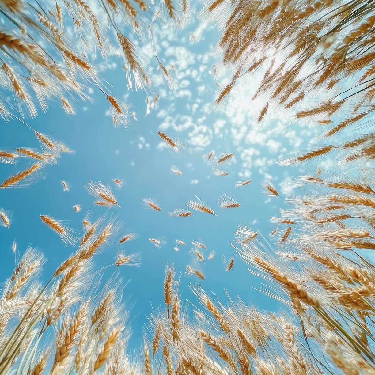 Spighe di grano rivolte verso il cielo azzurro, mosse dalla brezza