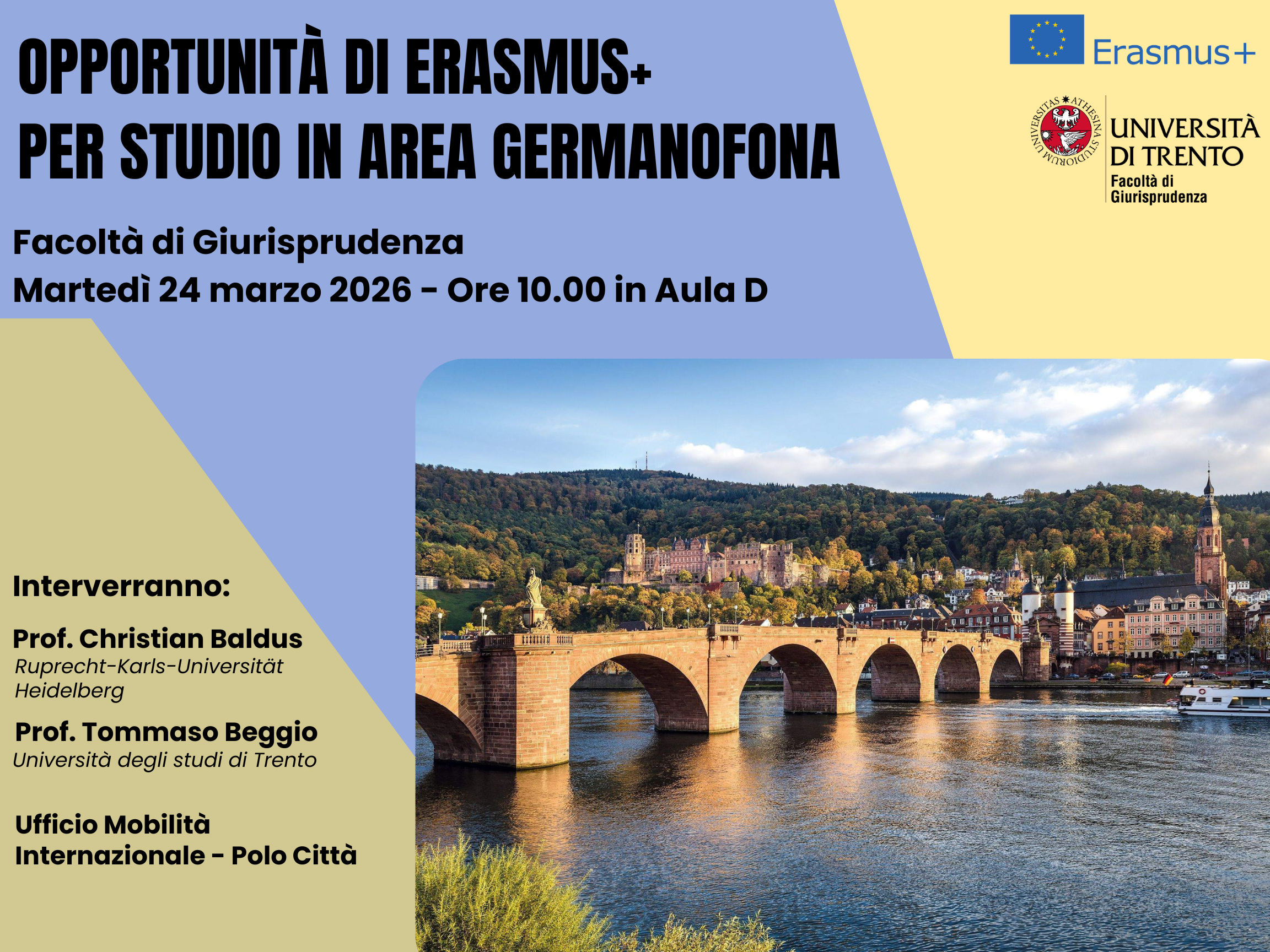 Locandina dell'evento di presentazione delle opportunità erasmus riportante le informazioni, il logo della facoltà, e uno scorcio della città di Heidelberg
