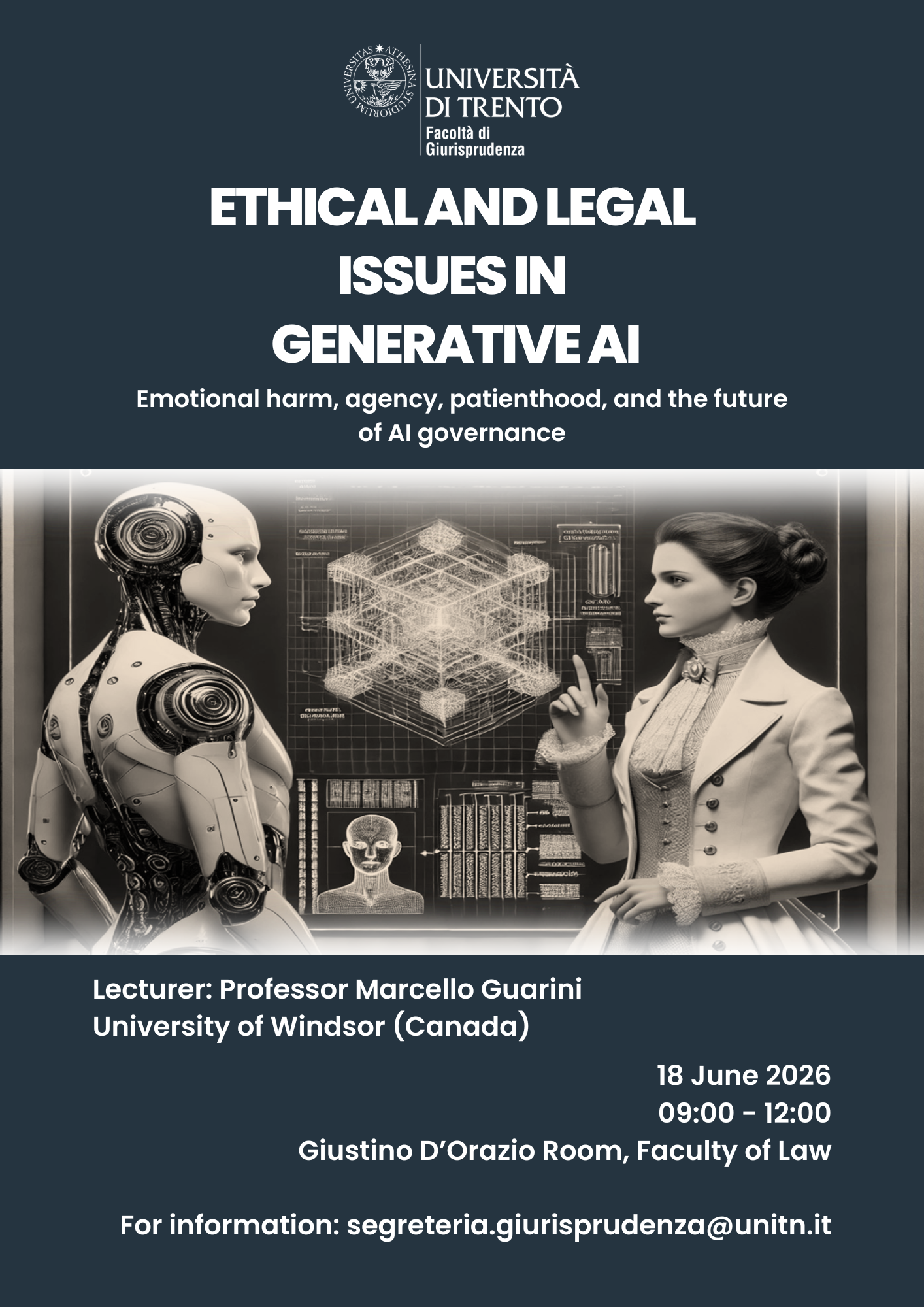 Poster for the seminar, with blue background, a description of the event in white, and an AI-generated image of a female scientist interacting with a robot