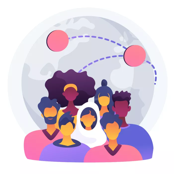 Grafica con persone il mondo alle loro spalle