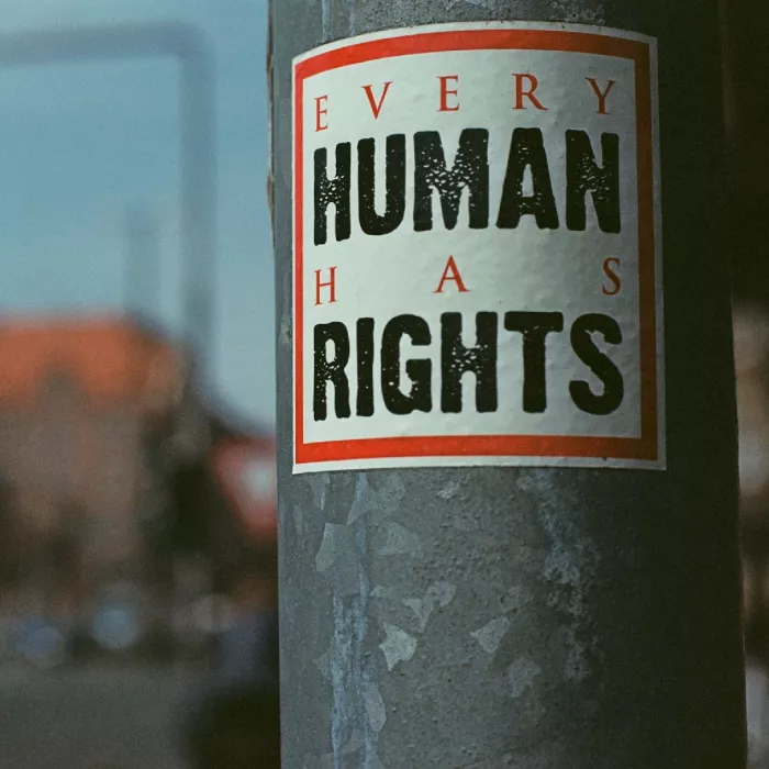 Adesivo con scritto Every human has rights attaccato su un palo