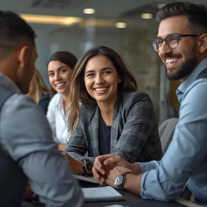 Persone intorno al lavoro che parlano e sorridono