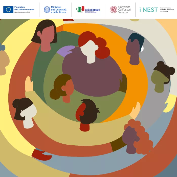 Composizione grafica con persone tutte colorate che si abbracciano