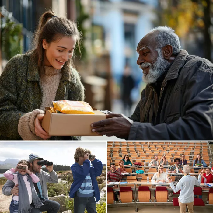 Composizione di 3 immagini: una volontaria aiuta un senzatetto; un padre coi figli in natura; un'aula di università