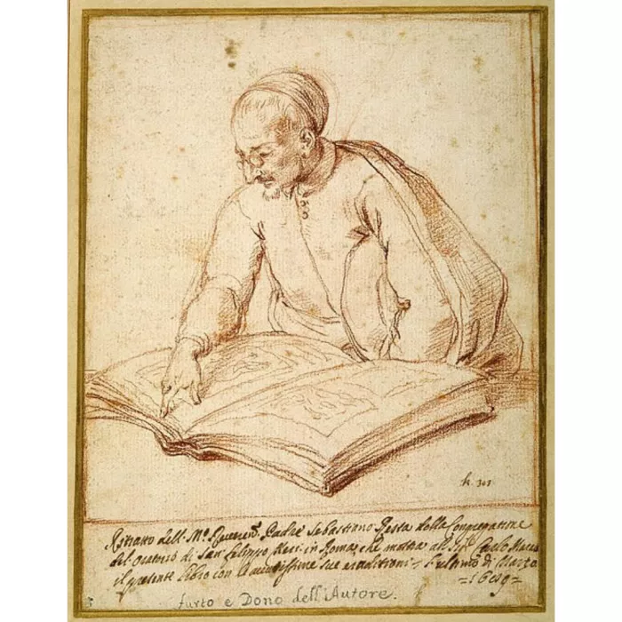 Disegno di Carlo Maratti: Padre Sebastiano Resta examining a folio of drawings, red chalk on paper,
