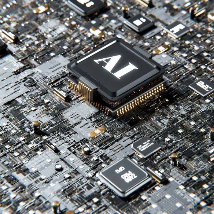 Microchip con scritto IA