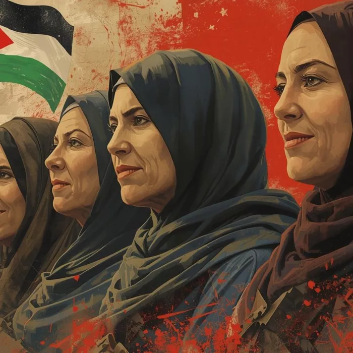 4 donne di profilo con il velo e sullo sfondo la bandiera della Palestina 