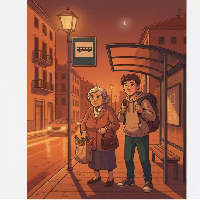 Immagine generata AI di un'anziana e di uno studente alla fermata dell'autobus