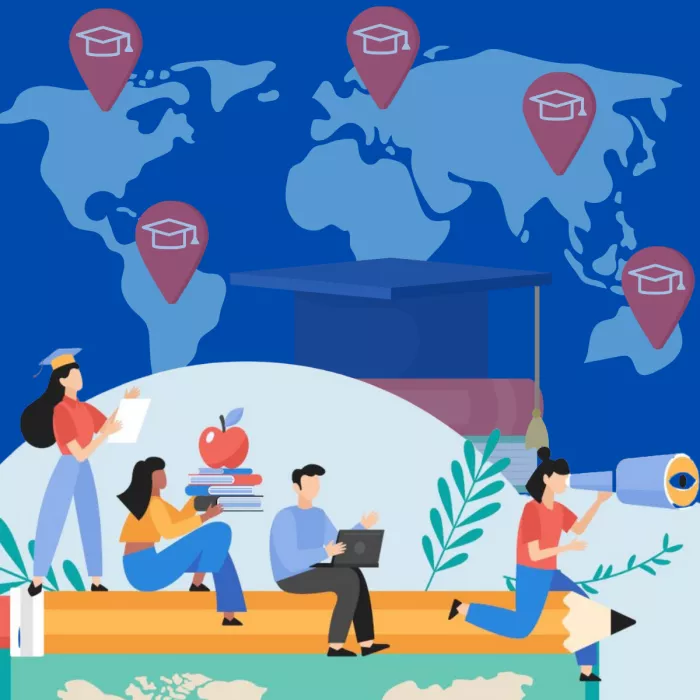 Disegno di studenti e studentesse, con un'immagine del globo con cappelli di laurea nello sfondo