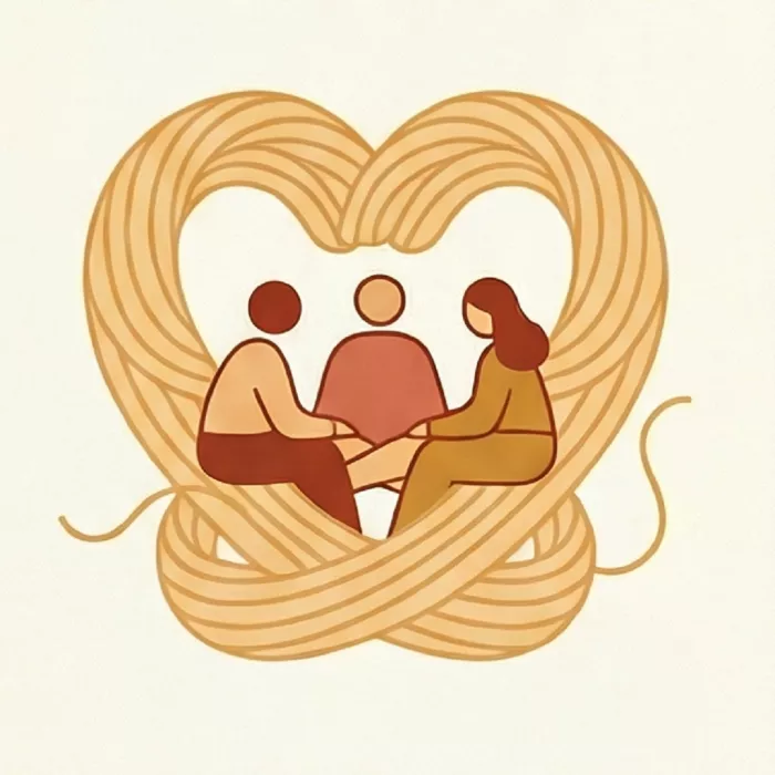 Persone sedute in cerchio e matassa di lana a cuore