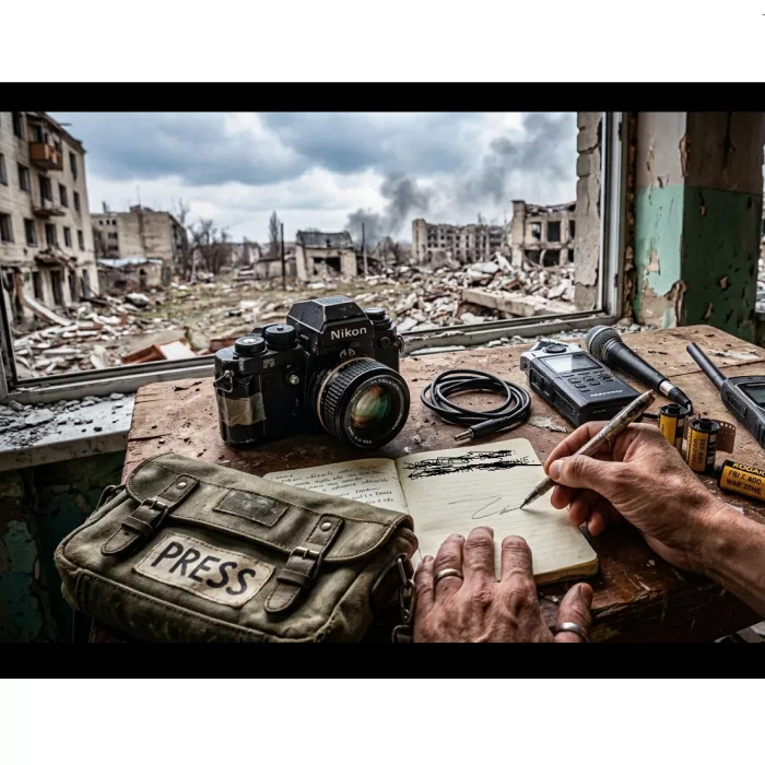 immagine generata con AI che mostra strumenti di un giornalista e la sua mano in un contesto di guerra