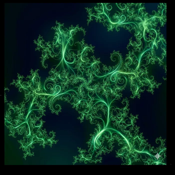 Immagine generata dall'AI dei colori del verde su campo nero ispirandosi ad un frattale della funzione olomorfa dell'insieme di Julia