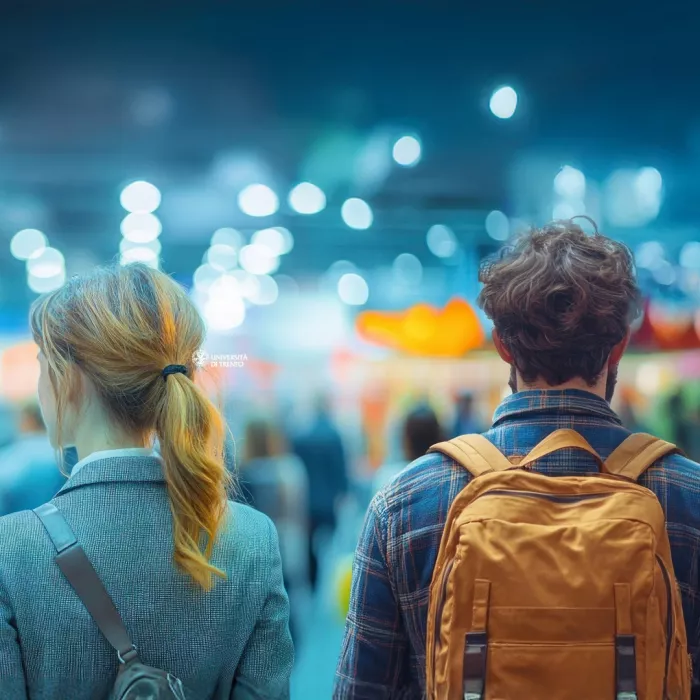 Due ragazzi (uomo e donna) di spalle che visitano una fiera