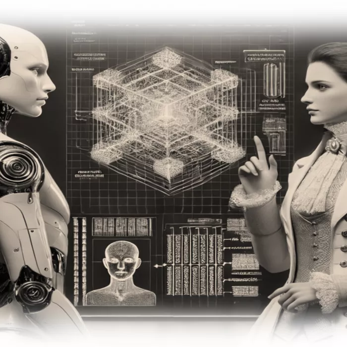 Image generated by AI representing a female scientist interacting with a robot