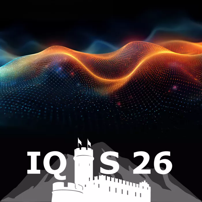 Grafica con onde geometriche in alto e logo con acronimo IQIS che richiama il Castello del Buonconsiglio in basso