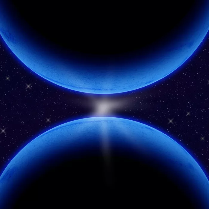Immagine astratta di due superfici blu luminose una di fronte all'altra nello spazio, con una luce al centro.