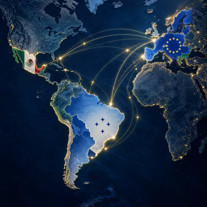 Immagine satellitare di Europa e America con collegamenti