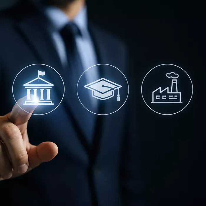 Uomo che clicca su Accademia e accanto icona azienda e icona laurea
