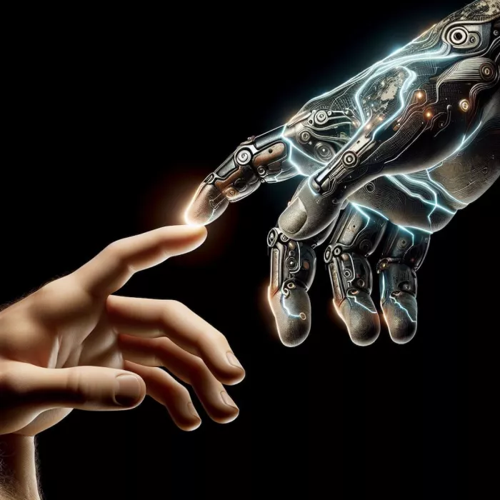 Mano di un umano che tocca una mano robotica