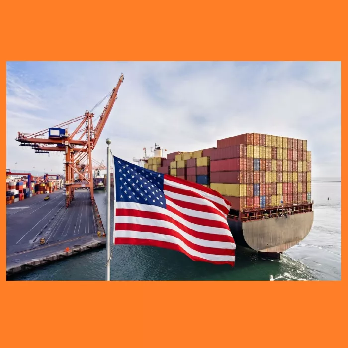 AI-generated image of the american Flag and a port
