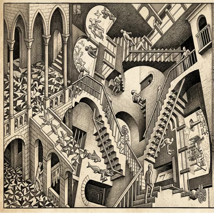 Immagine creata dall'AI che richiama ai lavori di Escher